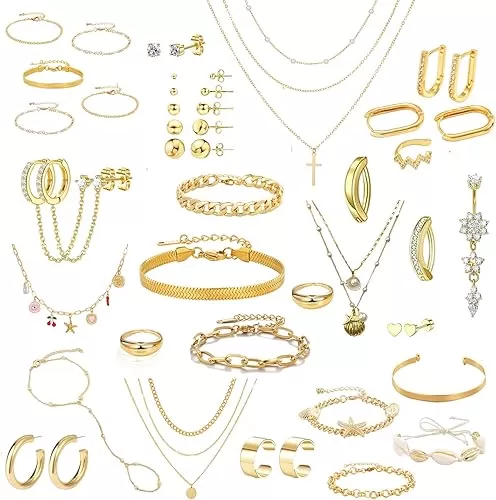 Gold Jewelry Set for Women, 53 PC Gold Plated Jewelry Set with 9 Necklace, 9 Bracelet, 25 Ear Cuffs Earring, 5 Ankle Bracelets , 2 Rings and 3 Belly Button rings for Women Valentine Anniversary Birthday Gifts