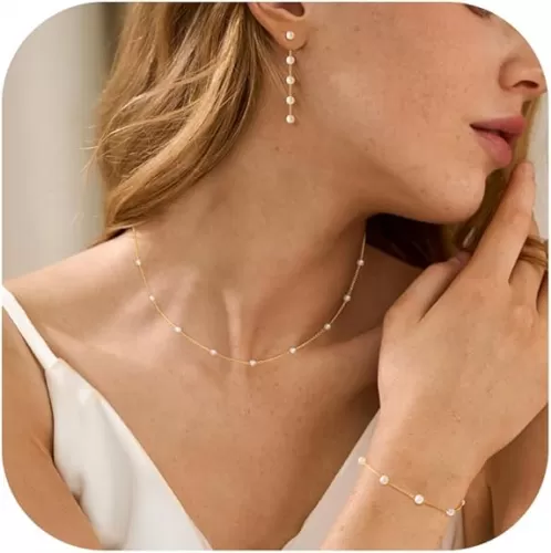 Gold Jewelry Set for Women, Dainty 14K Gold/Silver Plated Pearl Necklace and Earring Set with Drop Earrings, Bracelets, Choker Necklace - Wedding Jewelry Gift