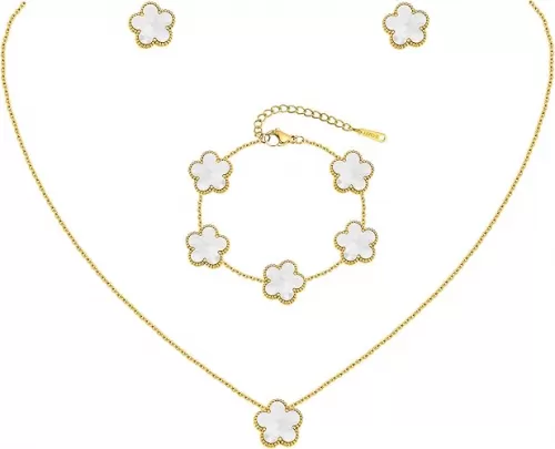 Gold Necklaces Bracelets Earring Set - 18K Gold Plated Flower Bracelet Chain, Stainless Steel Non Tarnish Floral Pendant Stud Jewelry Sets, Christmas Birthday Lucky Gift for Mom Wife Daughter Girlfriend