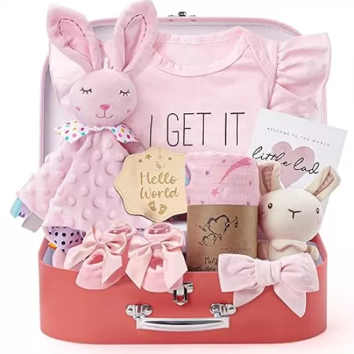 Golray Baby Shower Gifts for Girls, Baby Girl Gifts Baskets with Rattle, Blanket/Onesies Set, New Born Essential Stuff, Gender Reveal Ideas Infant New Born Baby Girls Gift Basket
