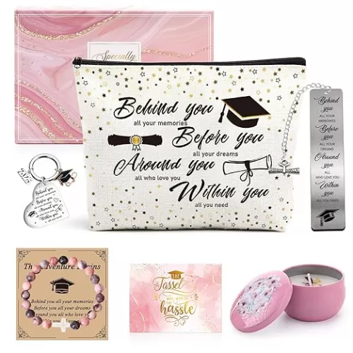 Graduation Gift for Her - 6pcs Pink Gifts Box Set Congratulation 2025 Graduates Makeup Bag Card Bookmark Scented Candle Bracelet Keychain College School Present for Girl Daughter Students