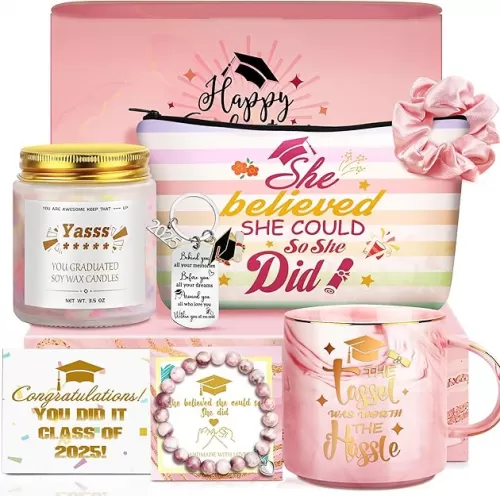 Graduation Gifts, 2025 Graduation Gifts Set for Her, Congrats Grad Gift Basket congratulations gift with Coffee Mug Candles Bracelet Keychain Set for Graduated Women College High School