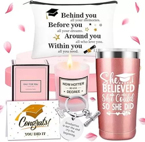 Graduation Gifts for Her 2025 - College Graduate Gift Set Includes Coffee Mug, Scented Candles, Keychain & Cosmetic Bag - Practical Congratulations Gifts for Her Graduation Party