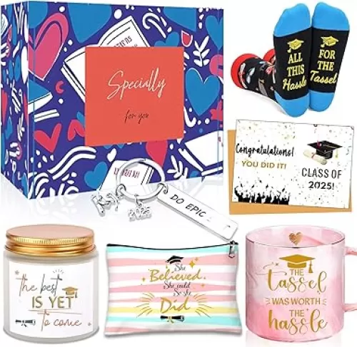Graduation Gifts for Her Him, Class of 2025 Grad Gift s College Graduation Gifts for Women The Tassel was Worth The Hassle Graduatio n Gift Basket-Graduate Coffee Mug Candles Keychain Socks Set