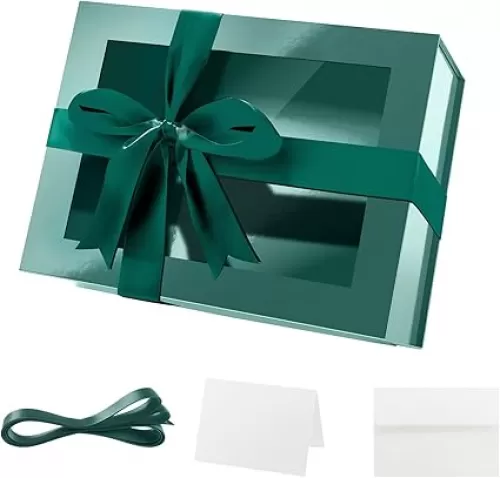 Green Gift Box with Window, 9x6.5x3.8 Inches, Clear Gift Box for Present Contains Ribbon, Card, Groomsman Proposal Box with Magnetic Lid (Glossy Green)
