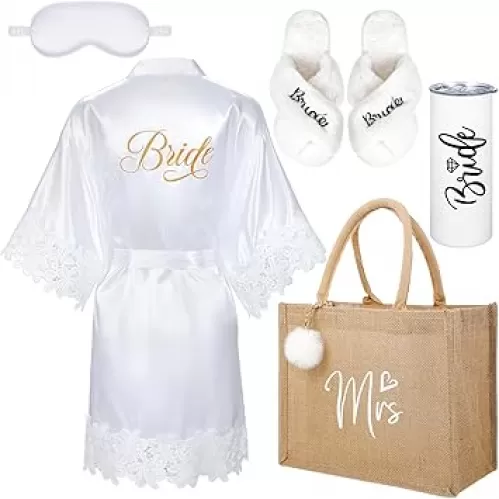 Handepo 5 Pcs Bridal Shower Robe Gifts Bride Gift Set with Sleeping Eye Mask Slippers for Wedding Party Bridesmaids(Bride)