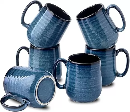Hasense Coffee Mugs Set of 6, 12 Ounce Coffee Cups Set with Handle, Ceramic Tea Mugs for Kitchen, Blue Latte Mugs for Coffee, Cocoa, Tea, Stylish Mug Gift, Dishwasher and Microwave Safe