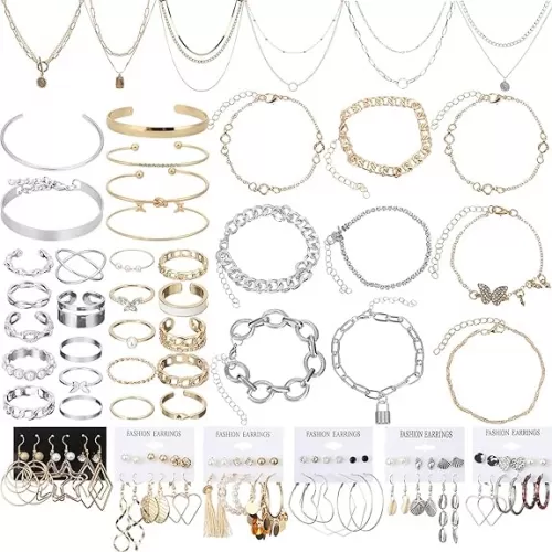 Henoyso 78 Pcs Jewelry Sets for Women with 6 Pcs Necklace 16 Pieces Aesthetic Bracelet 36 Pairs Dangle Earrings 20 Pieces Knuckle Rings Valentine Anniversary Birthday Party Gift