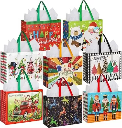 HOIIOH 16 Pack Extra Large Christmas Gift Bags Bulk with Handles, 16.5"x13"x6.3", Reusable Non-Woven Tote Bags Grocery Bag for Wrapping Xmas Party Favors & Supplies with Tissue Paper & Gift Tags