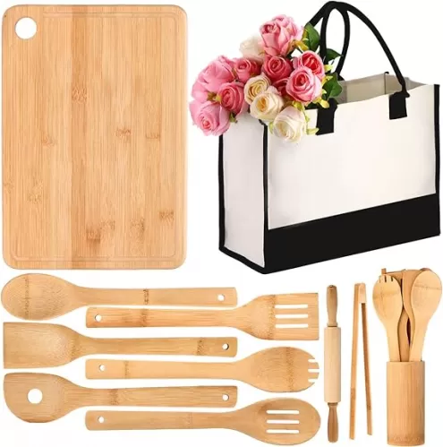 Honeydak 11 Pcs Housewarming Gifts New Home, New House Warming Gift Include Bamboo Cooking Utensils Set Spoons Spatula with Holder Cutting Board Rolling Pin Bag for Homeowner Kitchen Apartment