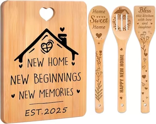 House Warming Gifts New Home - "New Home, New Beginnings, New Memories" Engraved Bamboo Housewarming Gifts New Home Cutting Board Set, 2025 House Warming Gifts.