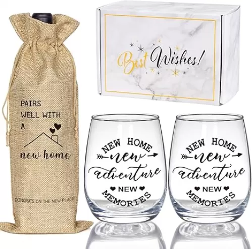 House Warming Gifts New Home, Housewarming Baskets Stemless Wine Glass & Bottle Bag Set for Newlywed Couple, Women, Friends, New Homeowner, Unique Closing Gift for Home Buyers, Clients