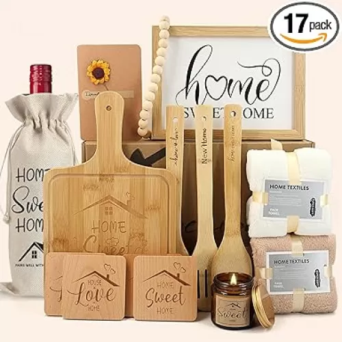 Housewarming Gift Set, 17 Pcs New Home Gift Basket, Bamboo Serving Board, Wooden Coasters, Cooking Spoons, Lavender Scented Candle & More