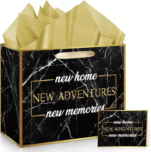 Housewarming Gifts Bag with Tissue Paper Set Large Black Gold New Home Wrapping Gift Bag and Greeting Card for Friends New House Warming Gifts Wrap Bags New Adventure Home Sweet Present for Men Women