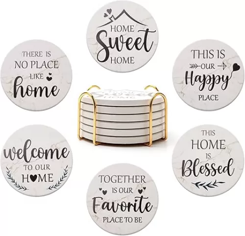 Housewarming Gifts for New Home Coasters Farmhouse Coffee Table Decor Set of 6 Pack Ceramic Cup Coaster Modern House Warming Gift Decorations Coster Cute Marble Drink Coasters Set