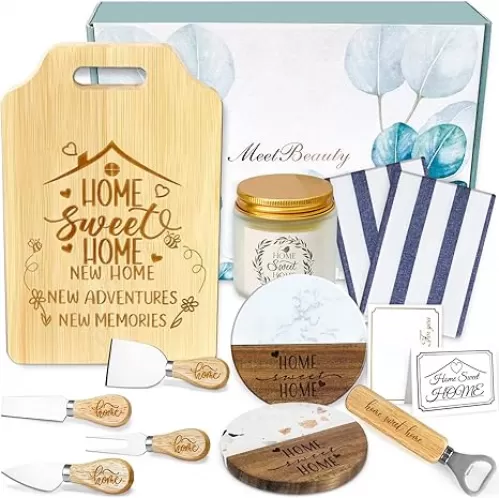 Housewarming Gifts New Home, 12 Pcs Gift Ideas House warming Gifts for New House Baskets with Cutting Board Cheese Knife Coasters Scented Candle Napkins Bottle Opener for Closing Gifts for Home Buyers