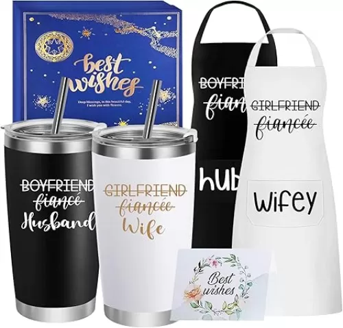 Husband & Wife Travel Tumbler Apron Set - Unique Wedding Gifts for Couples - His & Hers - Engagement, Anniversary, Valentine