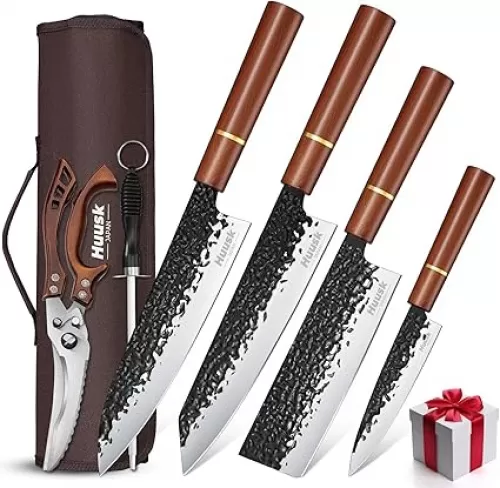 Huusk Japanese Knife Set 6pcs with Covers - Professional Chef Knife Set with Bag & Sharpener, High Carbon Steel Forged Knives Sets with Scissors, Japanese Kitchen Knives Sets, Gift for Men Women