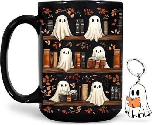 Hyturtle Cute Ghost Read Book Mug - Black Coffee Cup Ceramic Mug 15 Oz And Keychain - Book Gifts For Women Lover - Bookish Gift For Bookworm Librarian - Inspirational Librarian Present For Halloween