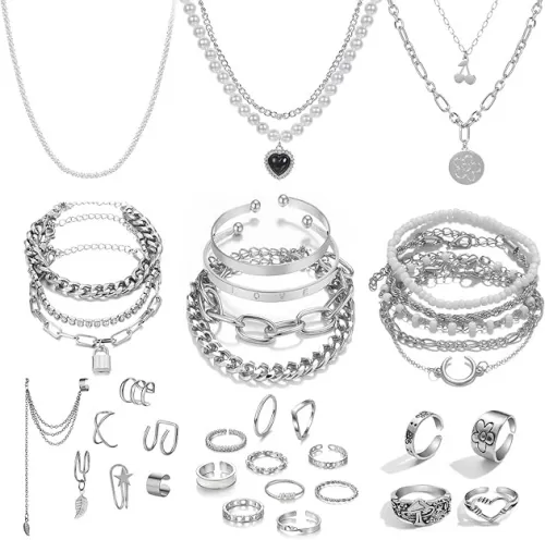 IFKM 36 PC Silver Plated Jewelry Set With 3 Necklace, 12 Bracelet, 7 Ear Cuffs Earring, 14 Knuckle Rings For Women Girls Valentine Anniversary Birthday Friendship Gift