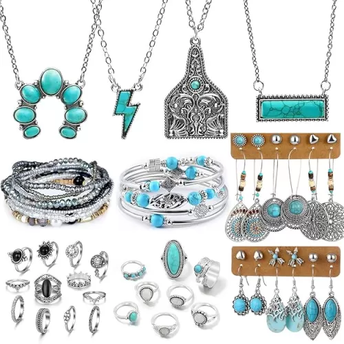 IFKM Bohemian Jewelry Set With Turquoise Necklace, Dangle Earrings, Stackable Bangle Bracelets, Knuckle Rings For Women Vintage Western Boho Turquoise Anniversary Birthday Friendship Gift