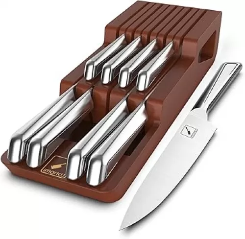 imarku Knife Set, 10 PCS Japanese Stainless Steel Knife Block Set, Kitchen Knife Set with Wooden Drawer Organizer, Drawer Knife Set, Dishwasher Safe, Ultra Sharp Chef Knife, Gifts for Women Men