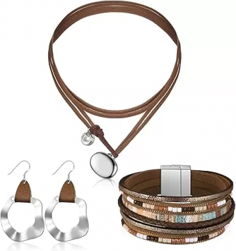 Inbagi 3 Pcs Western Jewelry for Women Bohemian Set, Boho Pendant Long Choker, Faux Leather Layered Bracelet, Dangle Earrings