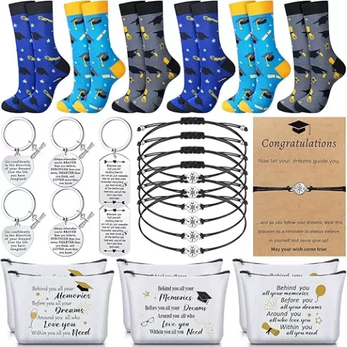 Jiuguva 24 Pcs Graduation Gifts Set Include 6 Graduation Socks 6 Graduation Makeup Bags 6 Graduation Keychains 6 Graduation Compass Wristbands Congrats Grad Class of 2025 Graduation Gift for Her Him
