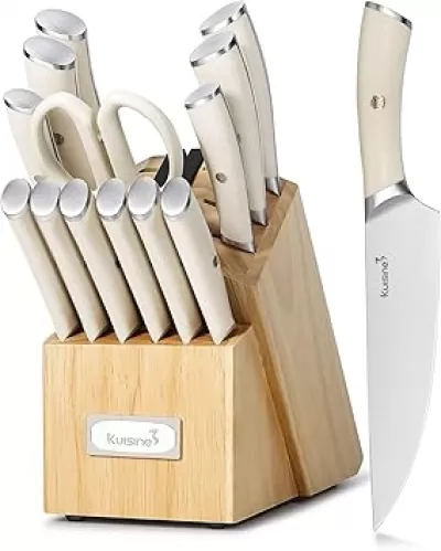 Kuisine Chef Knife Set, High Carbon Stainless Steel Block Knife Set, Knife Block Set with Built-in Sharpener, Sharp Knife Set Forged, Elegant Gift(Ivory, 15pcs）