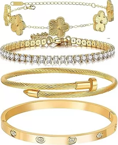 Lamdo 18K Gold Plated Womens Stackable Floral Gold Clover Bracelets Set Love Bangle Bracelets Non Tarnish, Gold Bracelet Set Trendy Jewelry, Gifts for Women