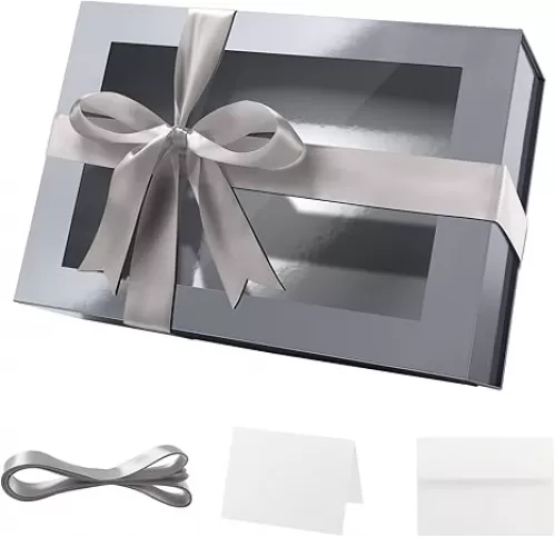 Large Gray Gift Box with Window, 13.5x9x4.1 Inches Clear Gift Box for Present Contains Ribbon, Card, Groomsman Proposal Box with Magnetic Lid (Glossy Gray)