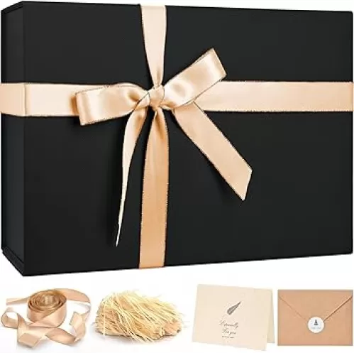 LIFELUM Large Gift Box 14"x8.5"x4.5" Birthday Gift Boxes for Presents for Anniversary Wedding, Black Gift boxes with Ribbon, Shredded Filler, Card