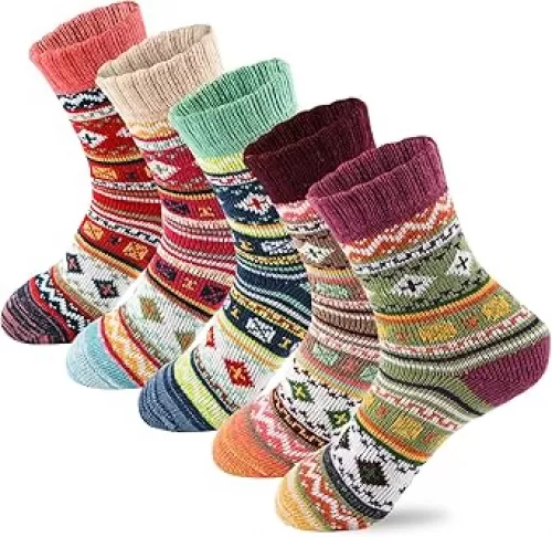 LKV 5Pairs Free Size Fuzzy Socks Soft Wool Crew Warm Socks for Women Winter Multicolor Christmas Womens Winter Socks Gift Box