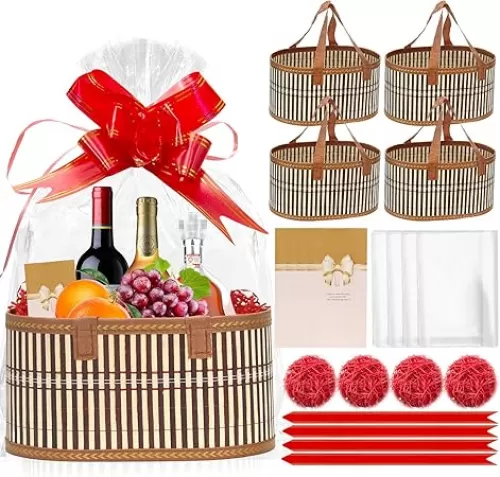 Mapaim 4 Pack Large Basket for Gifts, Empty Gift Basket Kit with Cellophane Wrap, Foldable Gift Baskets for Baby Shower, Wedding, Birthday, Holiday Gift Wrapping（Oval）