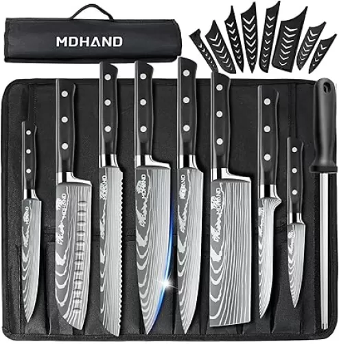 MDHAND Professional Chef Knife Set with Roll Bag, 9PCS Japanese Kitchen Knife Set with Sharpener, High Carbon Stainless Steel Kitchen Knives - Forged Triple Rivet, Dishwasher Safe, Chef Gifts, Black