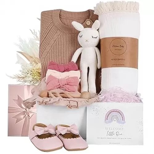 meloom Deluxe Baby Girl Gift Set, Newborn Baby Shower Gifts Basket, Newborn Gifts Box, Boho Baby Girl Essentials, Baby Shower Gifts for New Moms, Personalized New Baby Gifts