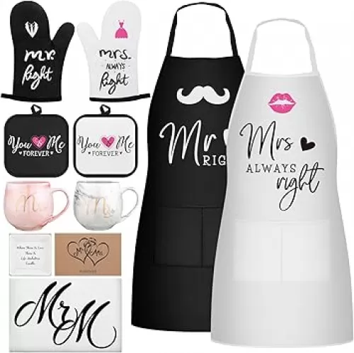 Mepase 10 Pcs Mr and Mrs Aprons Gift Set for Couple Bridal Shower Wedding Engagement Gift for Couple His and Her Aprons Mat Mug Gloves Jewelry Plate Dish Towel Card Bride Groom Kitchen Cooking Present