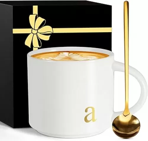 Monogrammed Women Large Coffee Mug Tea Cup Ceramic with Handle Big Heavy Pretty Customized Personalized Cute Women Birthday Christmas Gift Her Wife Mom Grandma Girlfriend Friend Friendship Unique, A