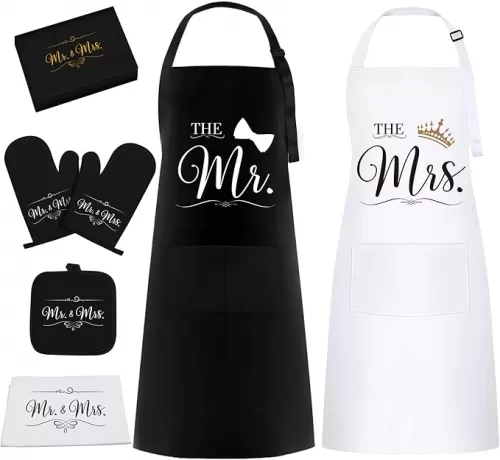 Mr & Mrs Aprons for Couples Valentines Day Gifts Basket - Wedding, Bridal Shower, Engagement Gift for Couple, His and Her Present with Dish Towel, Oven Mitts & Pot Holder, 6 Pack Kitchen Apron Set