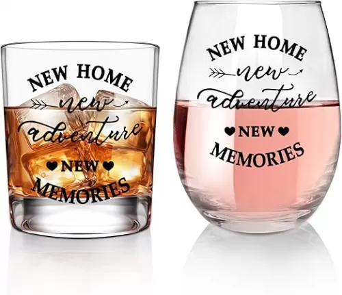 New Home New Adventures Wine and Whiskey Glass Gift Set - Unique Housewarming Gift for New Homeowners - New Home Gift Ideas for Women and Men