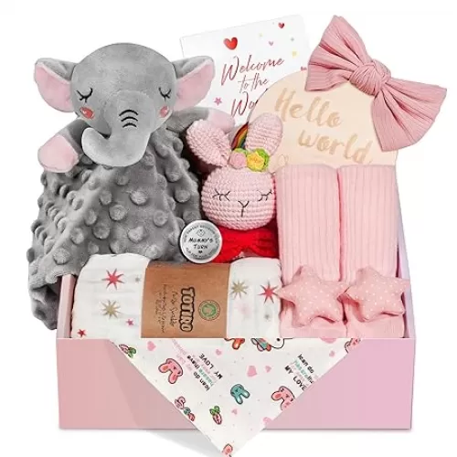 Newborn Baby Girl Gift, 9 Pcs Baby Gifts for Girls Newborn Essentials, New Baby Girl Gift Basket Baby Shower Gender Reveal Gifts, New Mom Gift Swaddle Blanket Bunny Rattle Gift Set