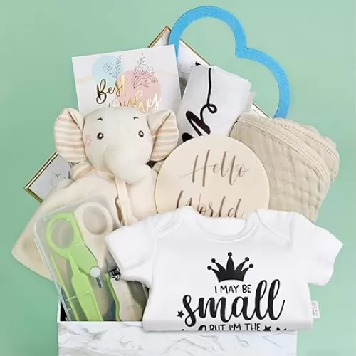Newborn Gender Reveal Gifts, 8Pcs Baby Shower Essentials, Babe Milestone Photo Blanket, Towel Wrap, New Mom Gift for Women, First Time Expecting Parents to Be, Pregnancy Announcement Arrival Gift Basket