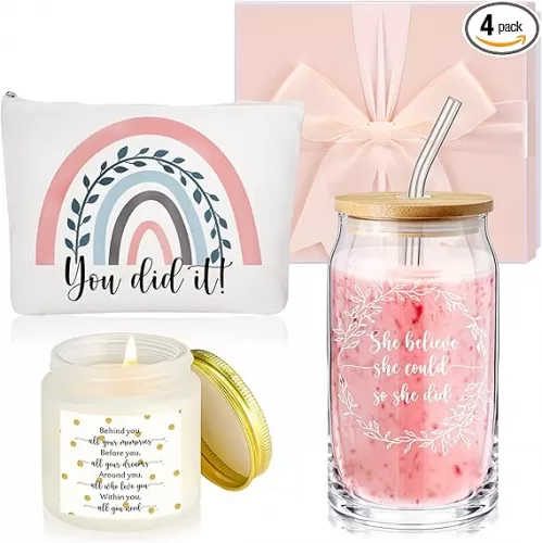 Nuanchu Set of 4 Graduation Gifts for Her 2025 Congratulations Gifts for Women She Believed She Could Glass Cups Rainbow Sign Makeup Bag for Women Student Graduation(Fresh Style)