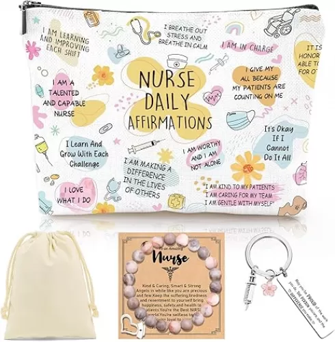 Nurse Gifts for Women - 3Pcs Nurse Appreciation Graduation Gifts Set, Nursing School Essentials, Nurses Week Birthday Christmas Gift with Makeup Bag Keychain and Healing Bracelets