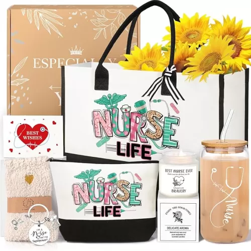 Nurse Gifts for Women 2025, Nurse Appreciation Gifts Nurses Week Set, Nursing Student Graduation Birthday Gift Baskets, Funny Nurses Canvas Tote Bag Tumbler Keychain Socks Thank You Gift for Women