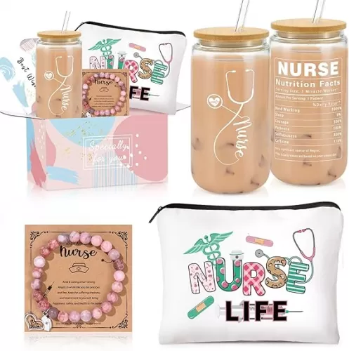 Nurse Gifts for Women, Nurse Appreciation Gift Baskets for Women, Nurses Week Gift Set, Nurse Graduation Birthday Box for Female 16 oz Can Glass, Makeup Bag, Bracelet