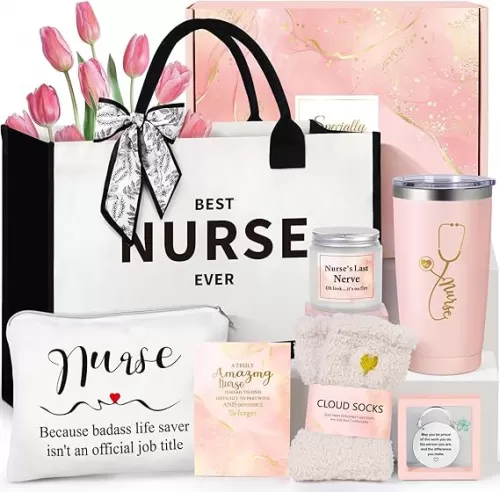 Nurse Gifts for Women, Rn Appreciation Gift Set Nurses Week Set Graduation Box Christmas Basket for Nurses Female Nursing Student with Canvas Beach Tote Bag Tumbler Keychain Teal