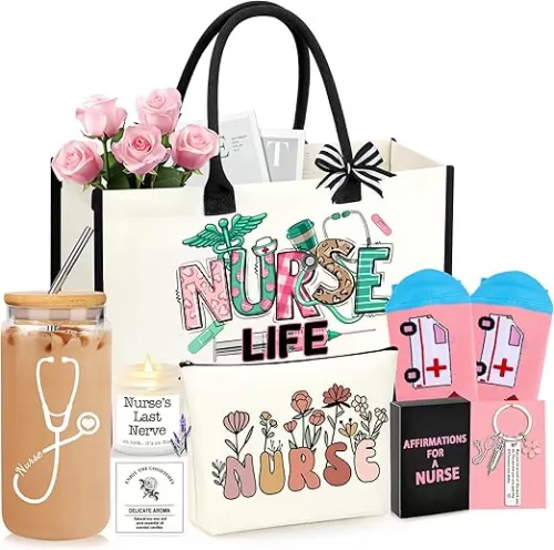 Nurse Gifts Nurse Appreciation Gifts Set for Women Christmas Gift Perfect for Nurses Week Nurses Graduation Gift for Nursing Student with Canvas Bag Socks Affirmations Cards 16 Oz Can Glass