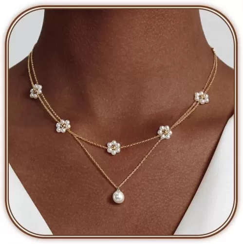OGD Gold Pearl Necklaces Set for Women 14K Gold Plated Dainty Layered Pearl Cute Daisy Pearl Choker Gold Necklace Gifts for Women Gold Trendy Jewelry Gifts