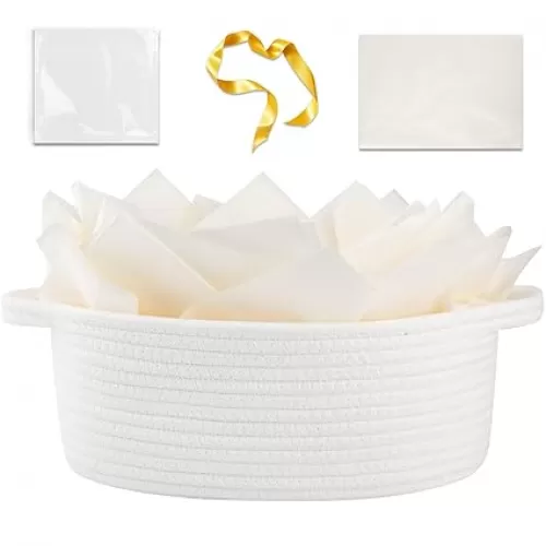 OIAHOMY Gift Basket with Handle, Small Woven Basket with Gift Bag, Ribbon and Wrap Tissue Paper, Nursery Bins Empty to Fill with Small Items, Baby, Pet Toy Organizer - White